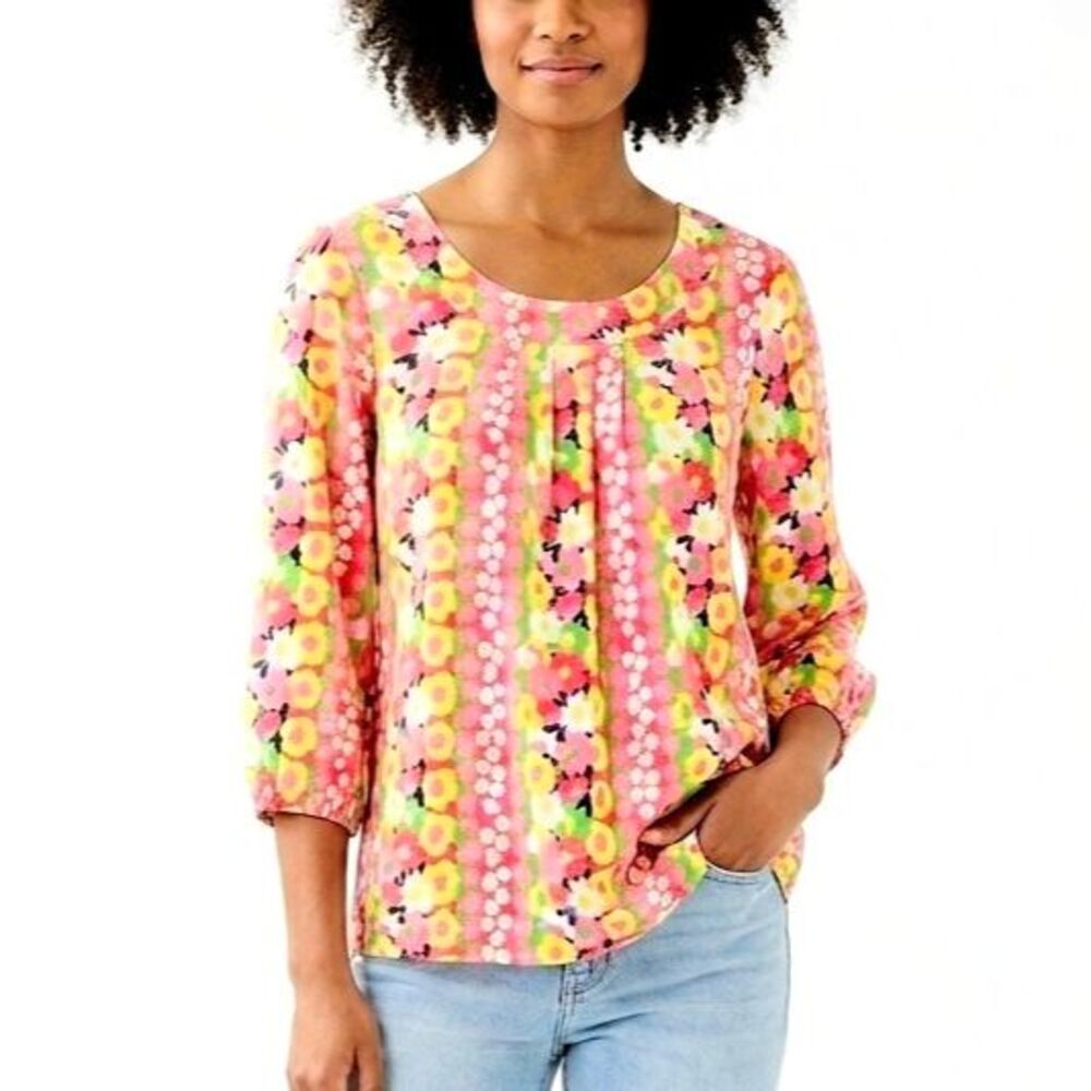 LILLY PULITZER 100% Silk Blouse Keegan Top Floral/Striped 3/4Sleeve Women Medium